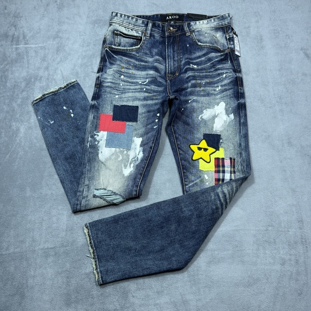 Akoo Jeans Mens 30x30 Distressed Splatter Patches Slim Delinquent Fit Rapper NEW